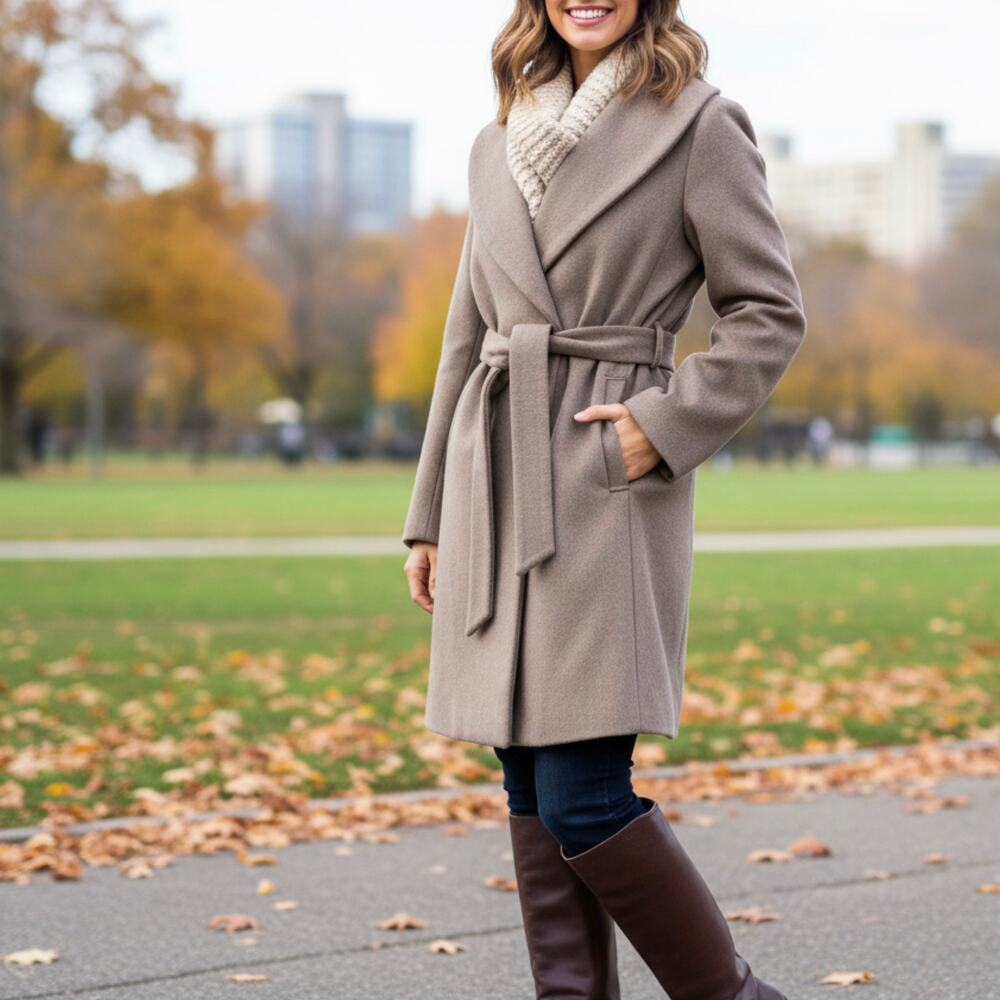 Calvin Klein Wool Blend Belted Wrap Coat Shawl Collar Oatmeal Tan Size Large
